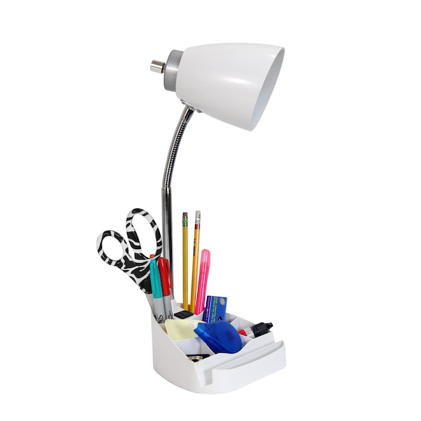 Gooseneck Organizer Desk Lamp With Holder And Charging Outlet, White